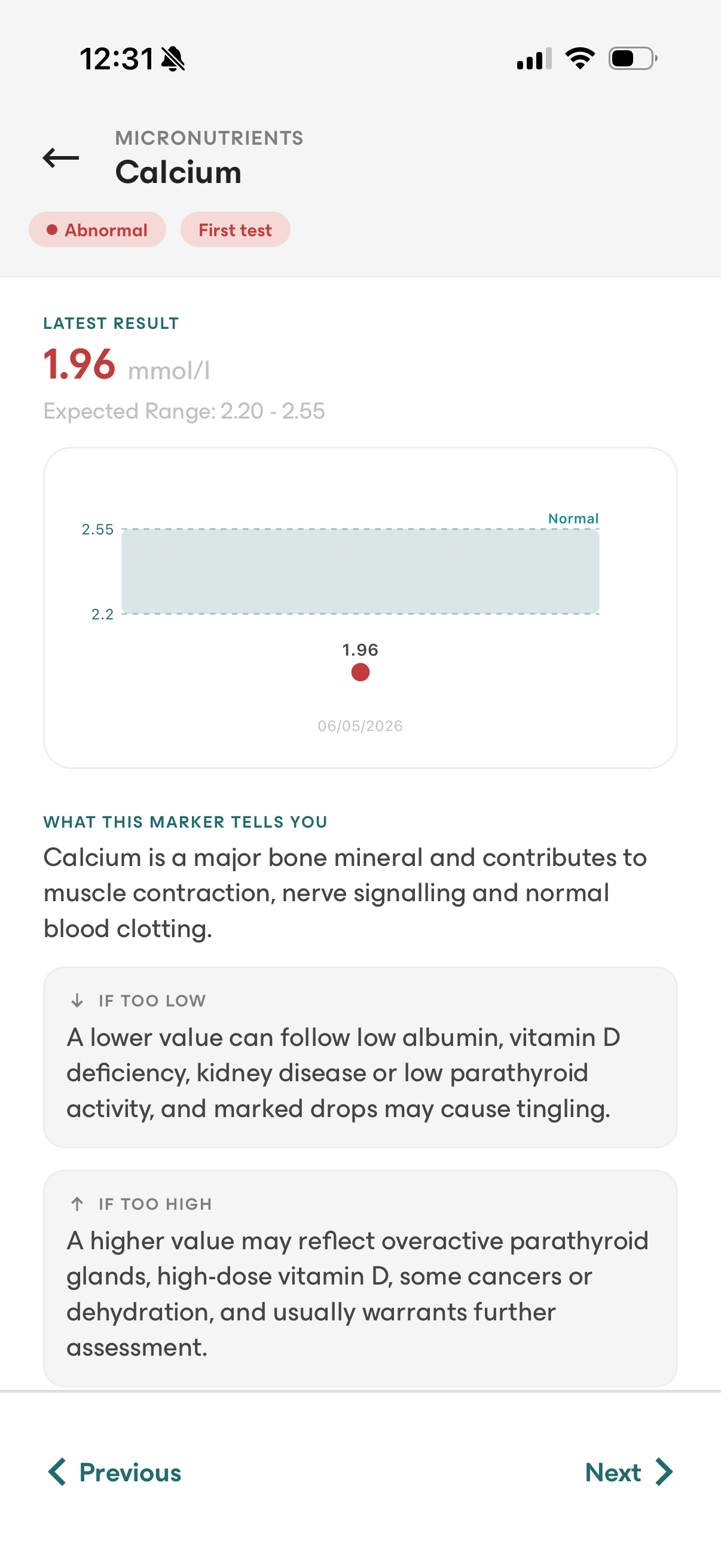 Calcium result in the avi app below the expected range, with an explanation of what the marker means