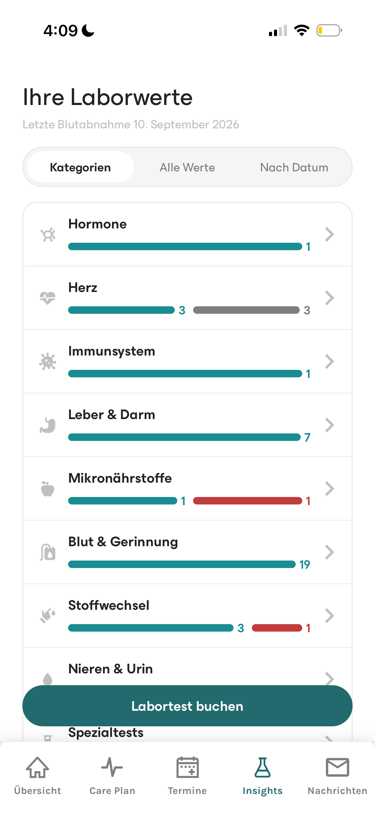 Laborwerte in der avi App nach Kategorien wie Hormone, Herz und Stoffwechsel, mit Button „Labortest buchen“